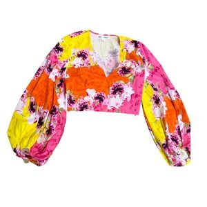Zerina Akers for Bar III Floral Balloon Sleeve Crop Top Pink Orange Yellow S